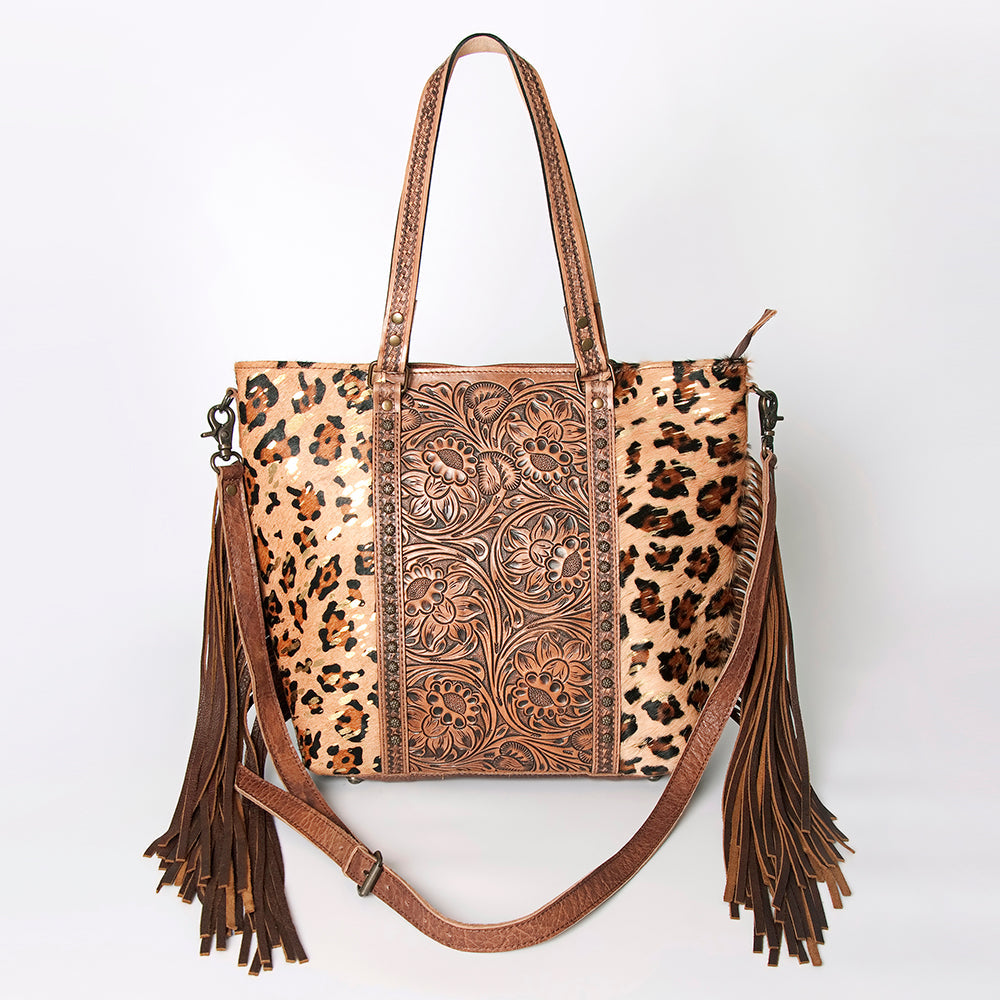 American Darling Tote Bag, Hand Tooled Floral Carved Leather, Hair-On Cowhide, Vegetable Tanned Genuine Leather, Rivetted