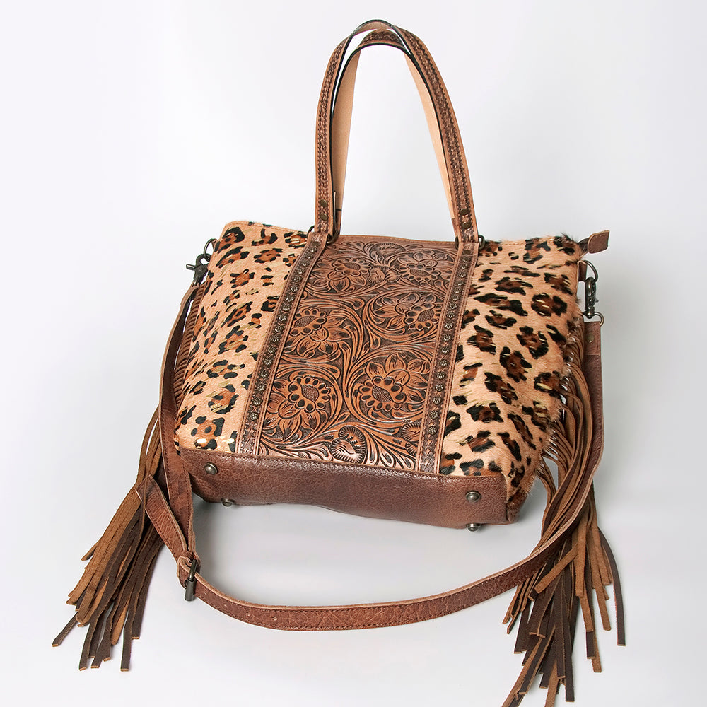 American Darling Tote Bag, Hand Tooled Floral Carved Leather, Hair-On Cowhide, Vegetable Tanned Genuine Leather, Rivetted