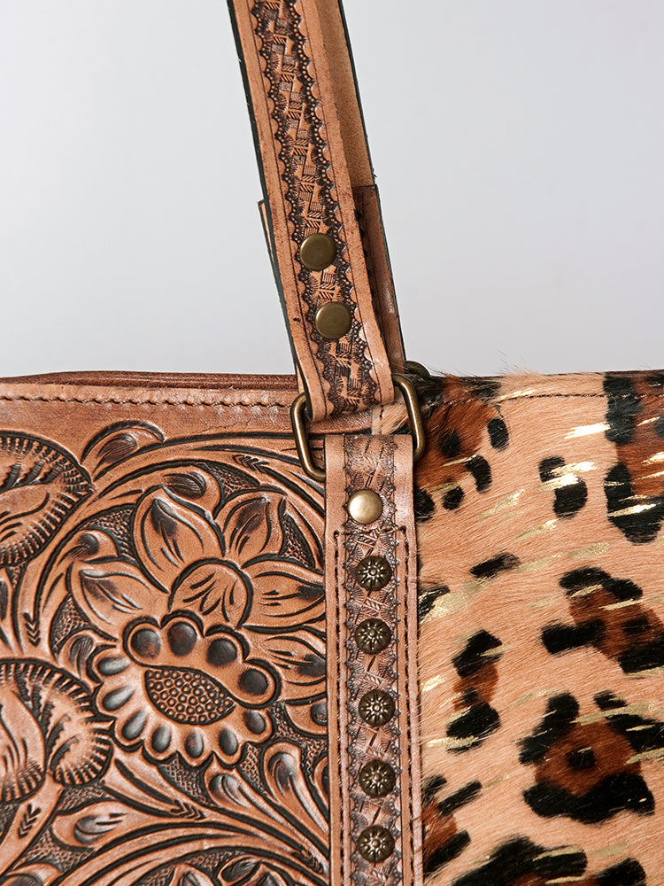 American Darling Tote Bag, Hand Tooled Floral Carved Leather, Hair-On Cowhide, Vegetable Tanned Genuine Leather, Rivetted