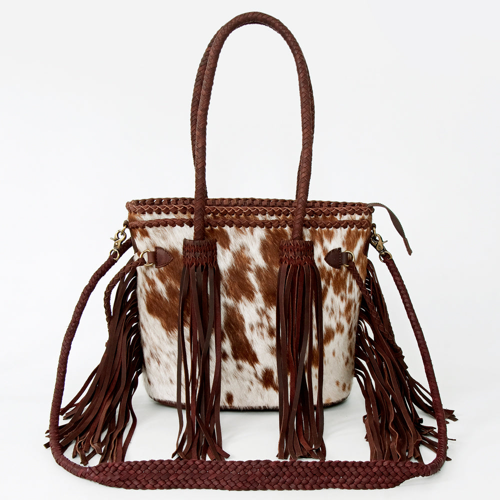 American Darling Tote Bag, Genuine Hair-On Cowhide & Leather with Fringes, Braided Handles Crossbody, 11in (H) X 12in (W)