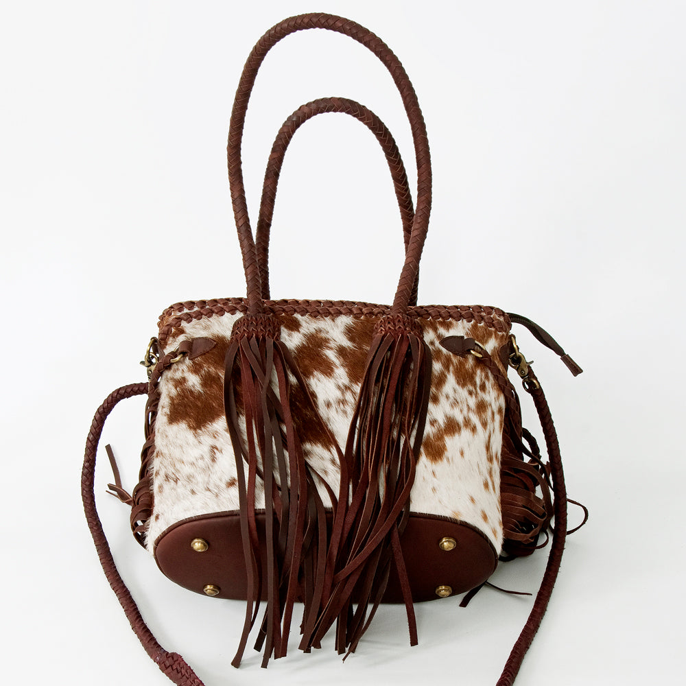 American Darling Tote Bag, Genuine Hair-On Cowhide & Leather with Fringes, Braided Handles Crossbody, 11in (H) X 12in (W)