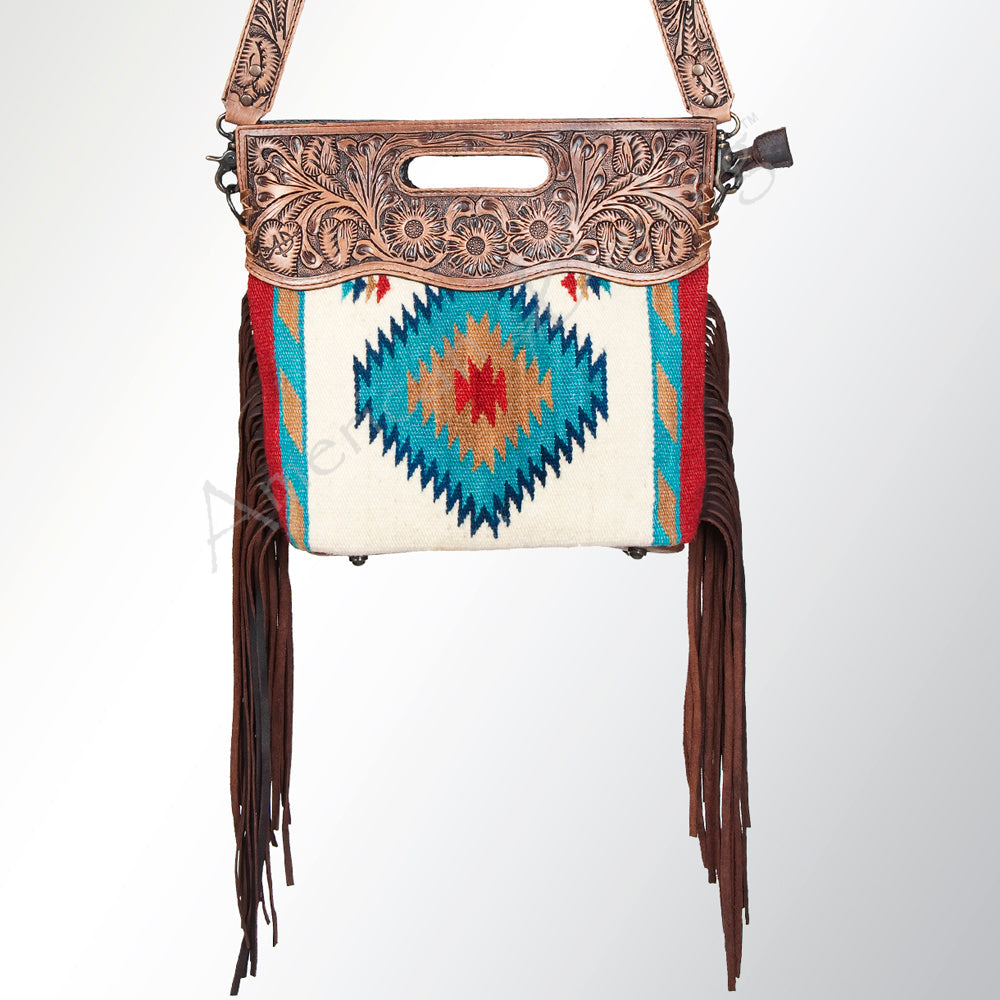 American Darling Western Clutch Bag Hand Tooled Floral Carved Hand Woven Saddle Blanket Leather Crossbody with Fringes