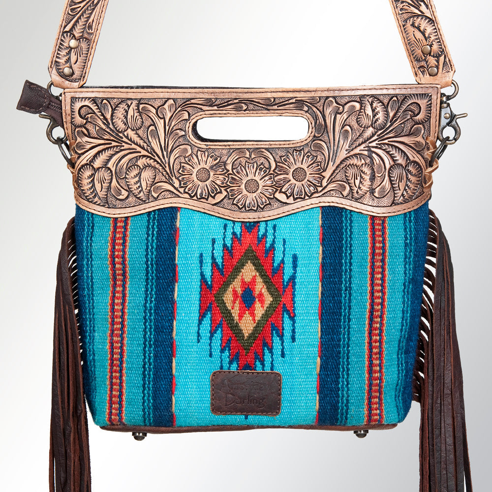American Darling Western Clutch Bag Hand Tooled Floral Carved Hand Woven Saddle Blanket Leather Crossbody with Fringes