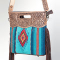 American Darling Western Clutch Bag Hand Tooled Floral Carved Hand Woven Saddle Blanket Leather Crossbody with Fringes
