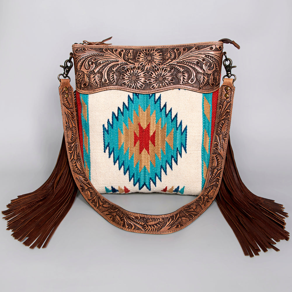 American Darling Signature Cross Body Bag Hand Tooled Floral Carved Leather Woven Saddle Blanket Fringes Genuine Leather