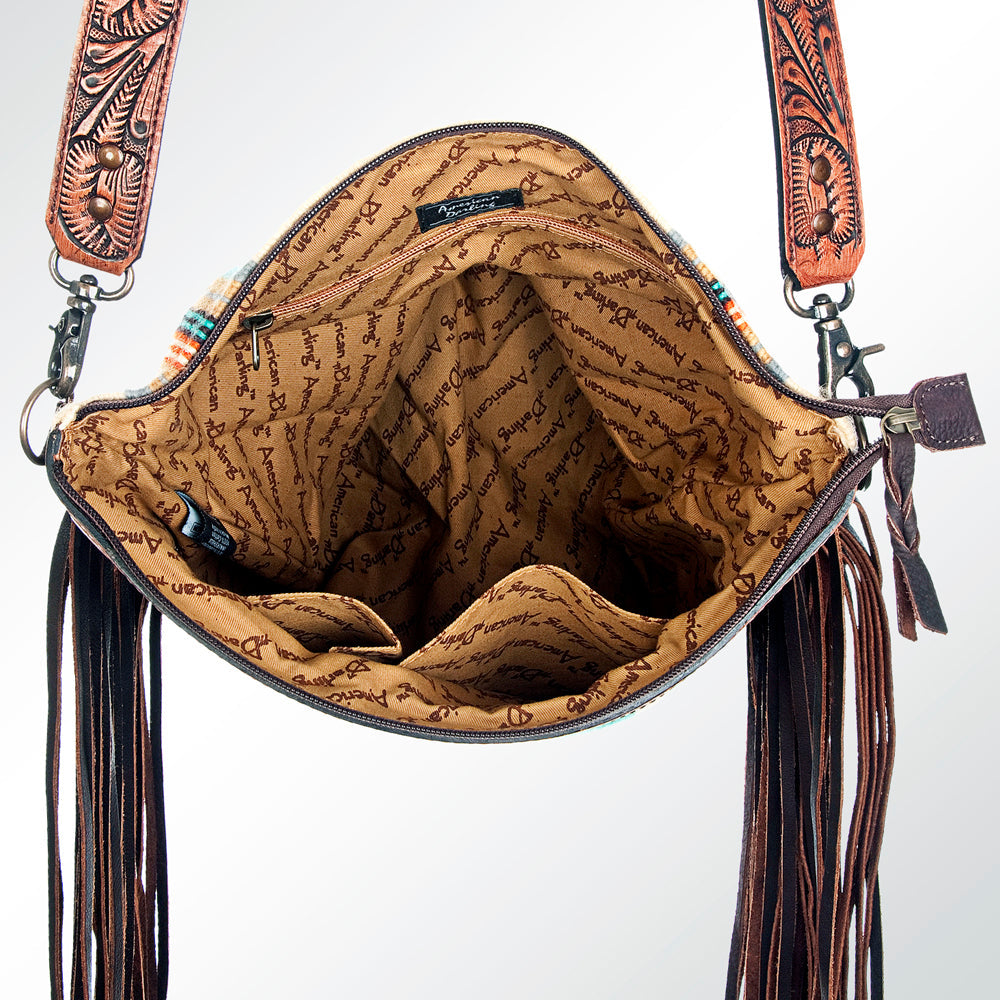 American Darling Signature Cross Body Bag Hand Tooled Floral Carved Leather Woven Saddle Blanket Fringes Genuine Leather