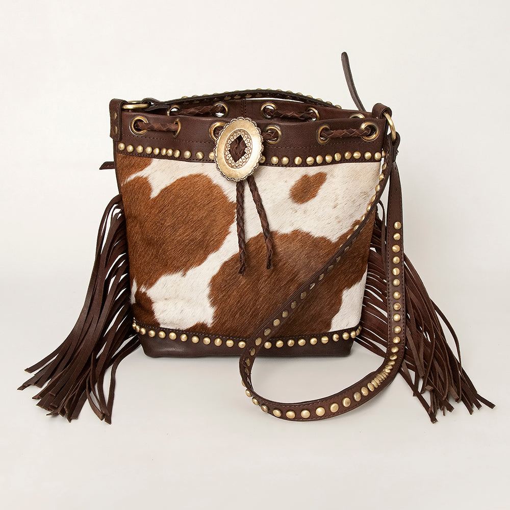 American Darling Bucket Bag Hair-On Cowhide Genuine Leather Fringes Riveted Drawstring Western Purse 11in X 13in X 5in