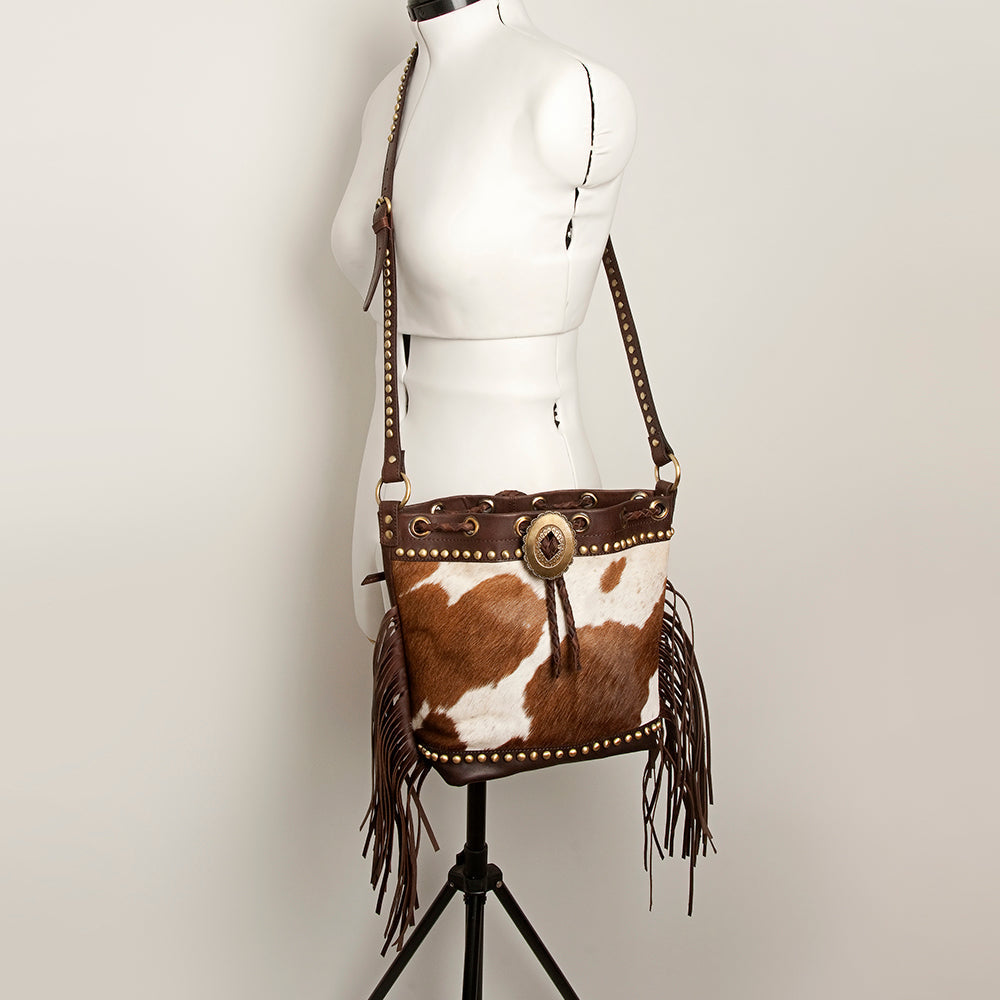 American Darling Bucket Bag Hair-On Cowhide Genuine Leather Fringes Riveted Drawstring Western Purse 11in X 13in X 5in