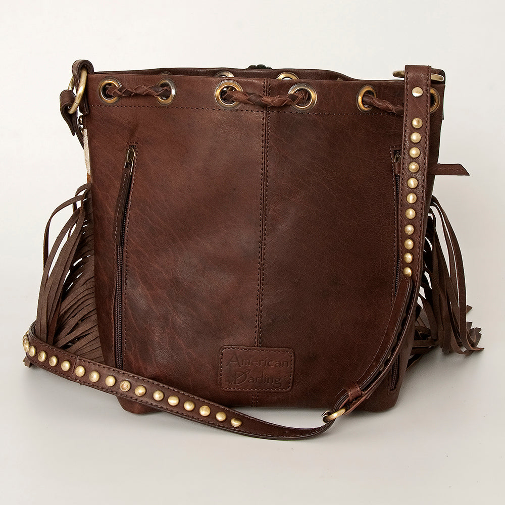 American Darling Bucket Bag Hair-On Cowhide Genuine Leather Fringes Riveted Drawstring Western Purse 11in X 13in X 5in