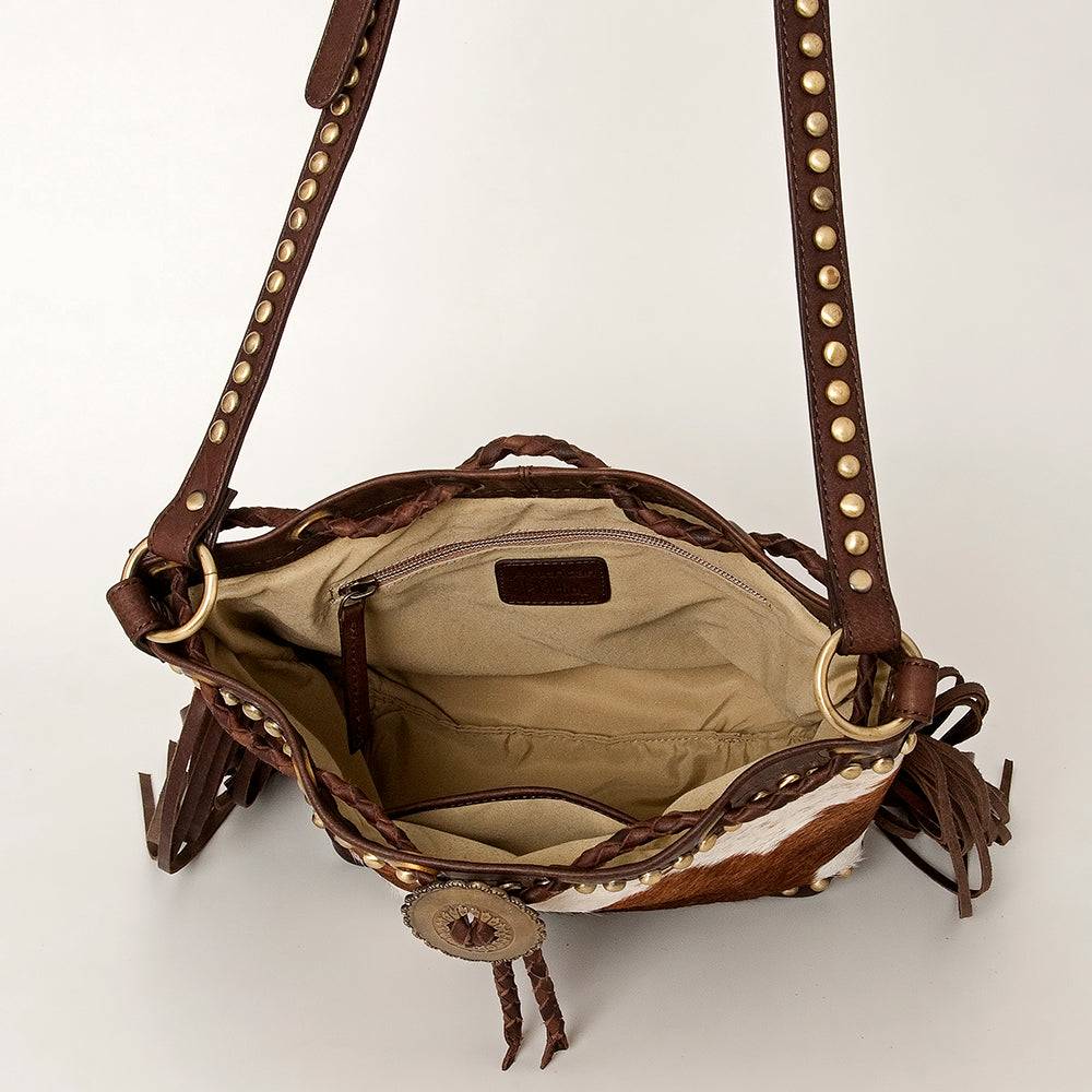 American Darling Bucket Bag Hair-On Cowhide Genuine Leather Fringes Riveted Drawstring Western Purse 11in X 13in X 5in