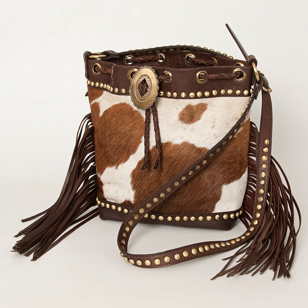 American Darling Bucket Bag Hair-On Cowhide Genuine Leather Fringes Riveted Drawstring Western Purse 11in X 13in X 5in