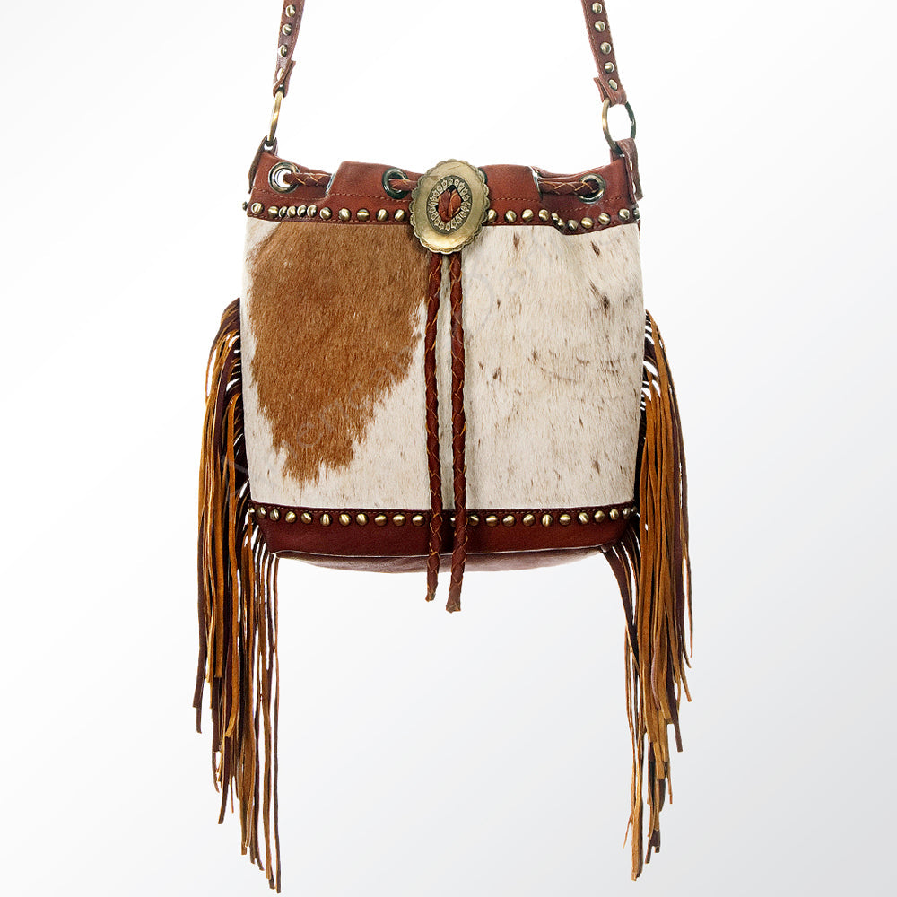 American Darling Bucket Bag Hair-On Cowhide Genuine Leather Fringes Riveted Drawstring Western Purse 11in X 13in X 5in