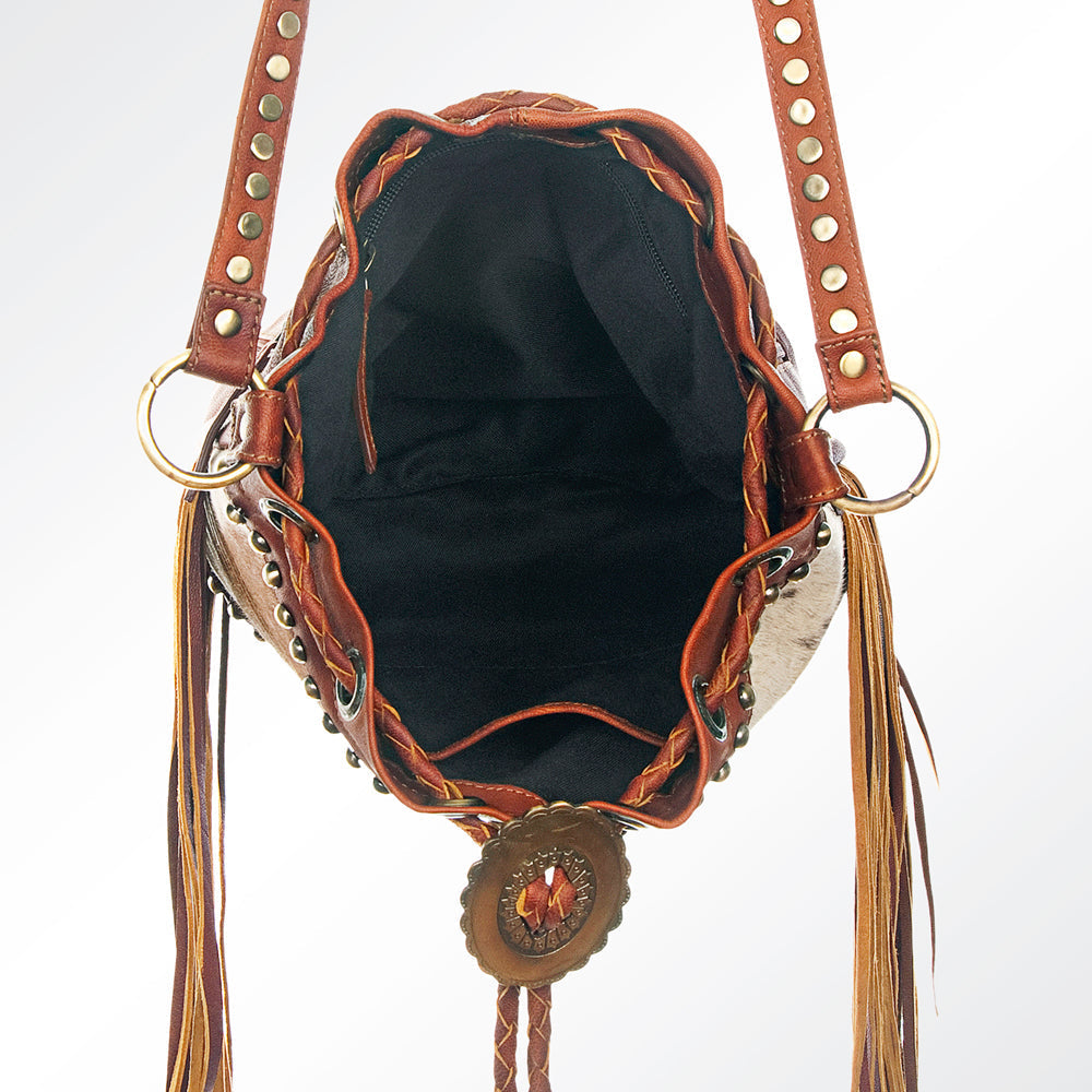 American Darling Bucket Bag Hair-On Cowhide Genuine Leather Fringes Riveted Drawstring Western Purse 11in X 13in X 5in