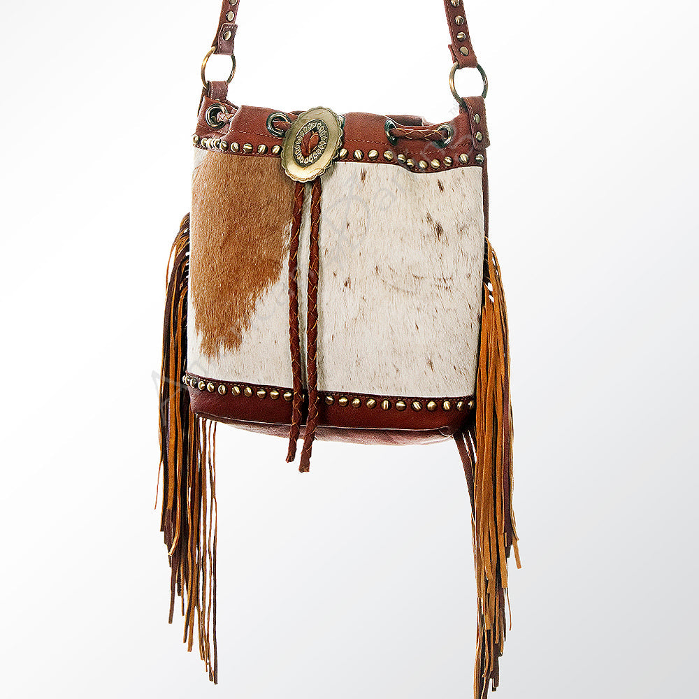 American Darling Bucket Bag Hair-On Cowhide Genuine Leather Fringes Riveted Drawstring Western Purse 11in X 13in X 5in