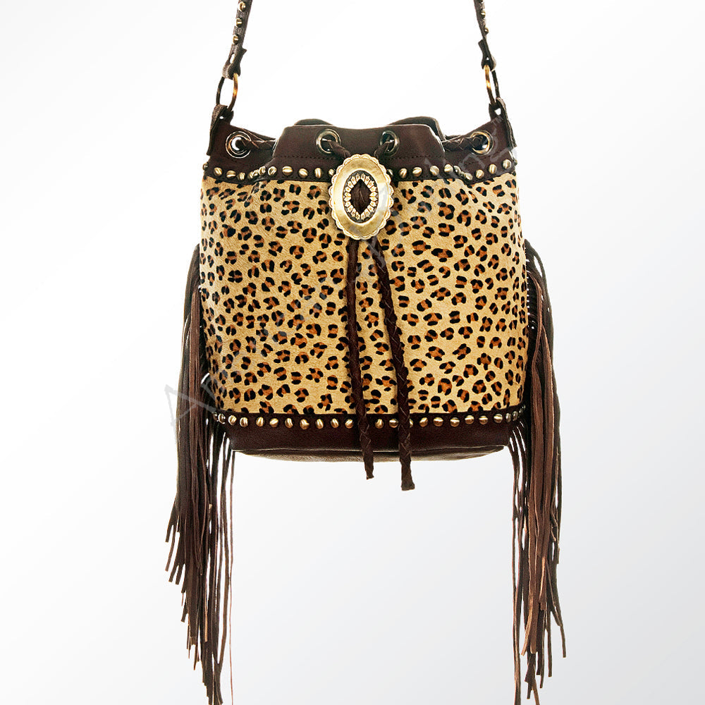 American Darling Bucket Bag Hair-On Cowhide Genuine Leather Fringes Riveted Drawstring Western Purse 11in X 13in X 5in
