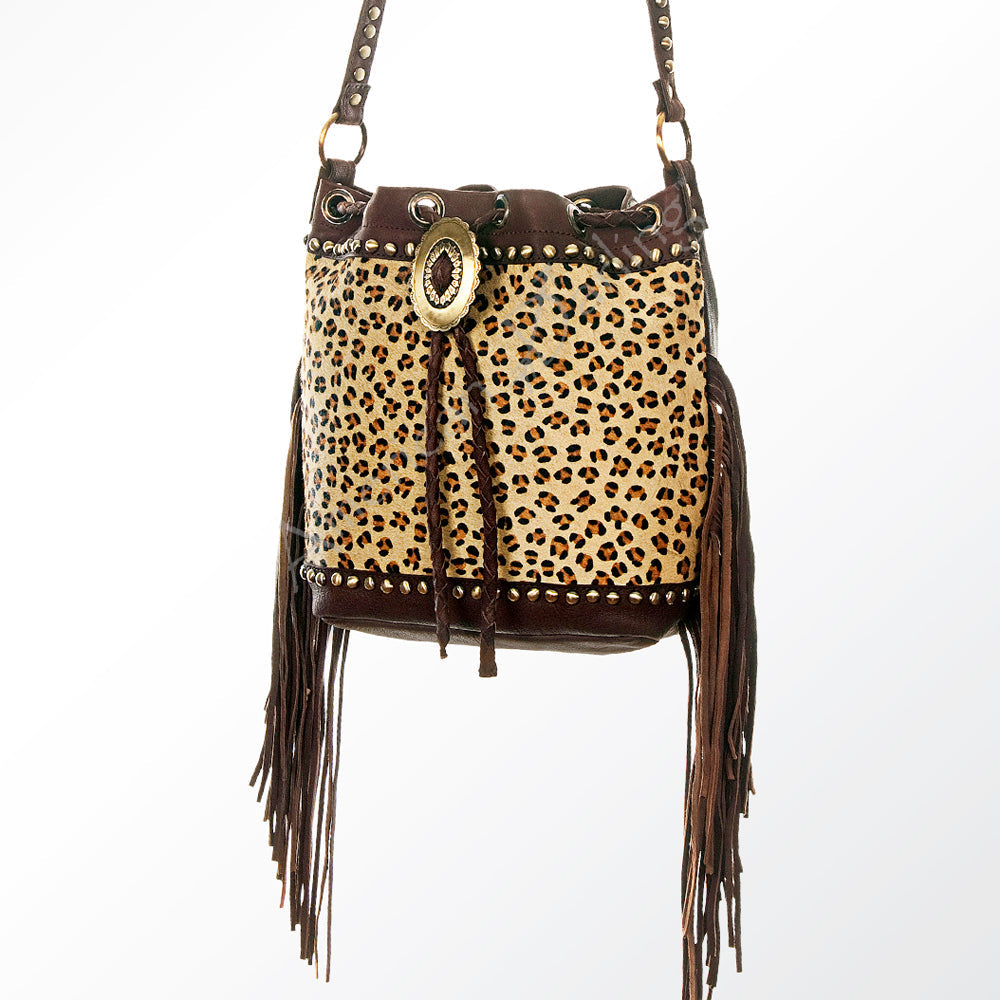 American Darling Bucket Bag Hair-On Cowhide Genuine Leather Fringes Riveted Drawstring Western Purse 11in X 13in X 5in