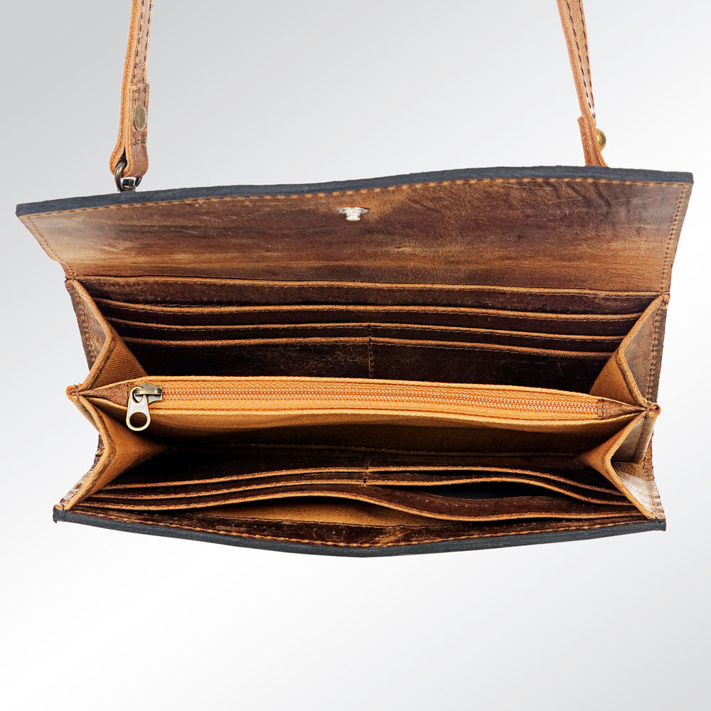 American Darling Wallet Bag Hand Tooled Genuine Vegetable Tanned Leather Hair-On Cowhide Crossbody Purse with YKK Zipper