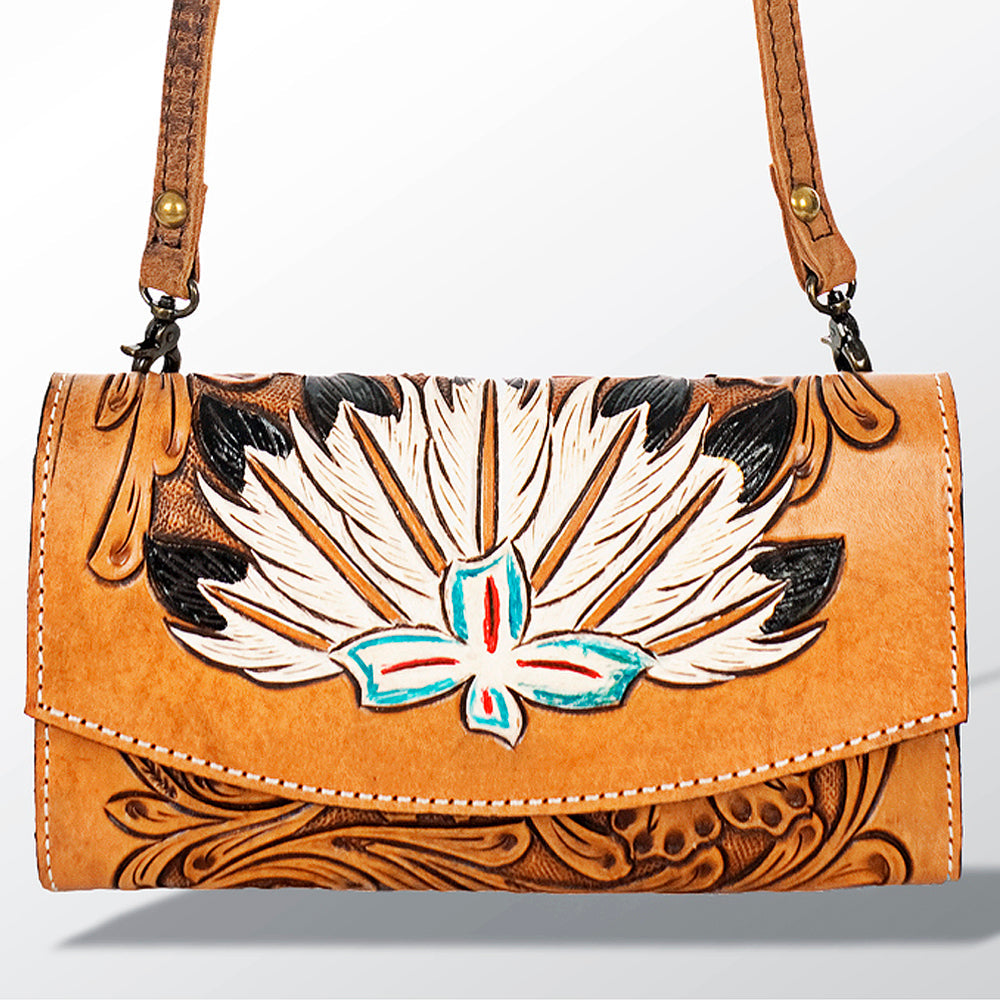 American Darling Wallet Bag Hand Tooled Genuine Vegetable Tanned Leather Hair-On Cowhide Crossbody Purse with YKK Zipper
