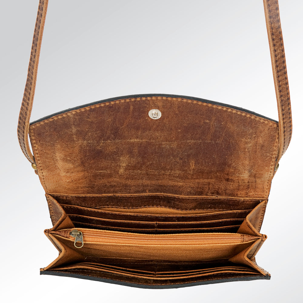 American Darling Wallet Bag Hand Tooled Genuine Vegetable Tanned Leather Hair-On Cowhide Crossbody Purse with YKK Zipper