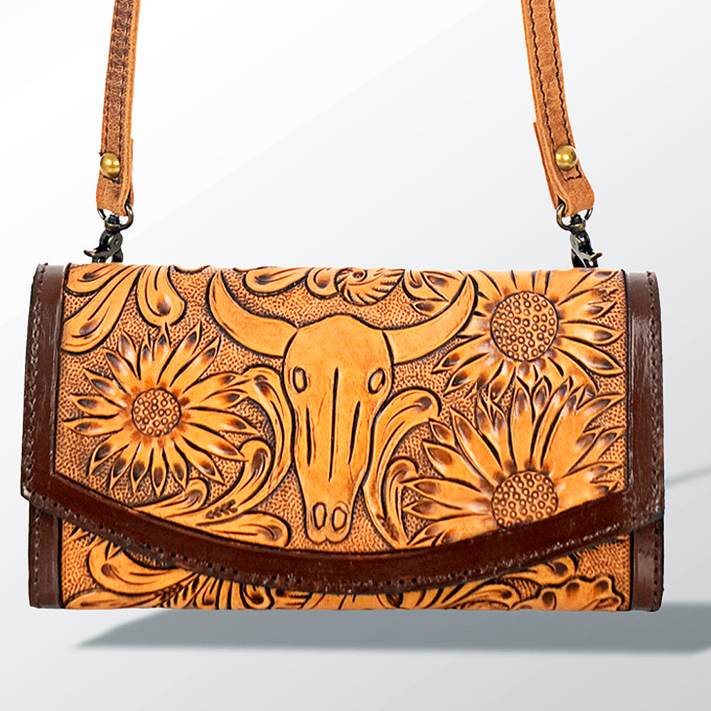 American Darling Wallet Bag Hand Tooled Genuine Vegetable Tanned Leather Hair-On Cowhide Crossbody Purse with YKK Zipper