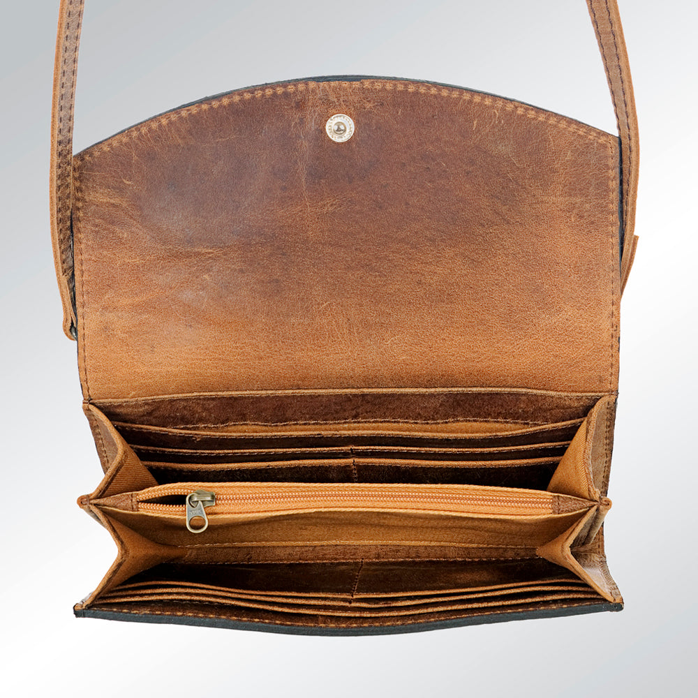 American Darling Wallet Bag Hand Tooled Genuine Vegetable Tanned Leather Hair-On Cowhide Crossbody Purse with YKK Zipper