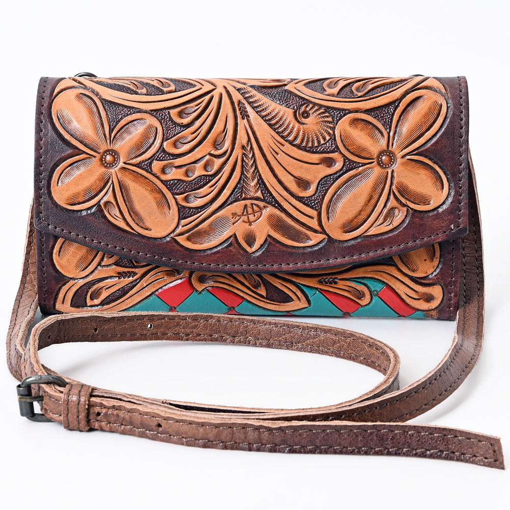 American Darling Wallet Bag Hand Tooled Genuine Vegetable Tanned Leather Hair-On Cowhide Crossbody Purse with YKK Zipper