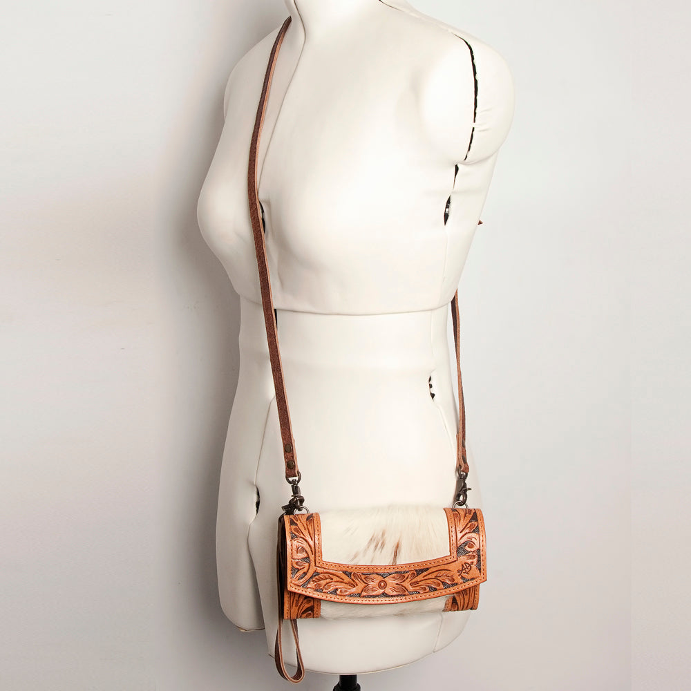 American Darling Wallet Bag Hand Tooled Genuine Vegetable Tanned Leather Hair-On Cowhide Crossbody Purse with YKK Zipper