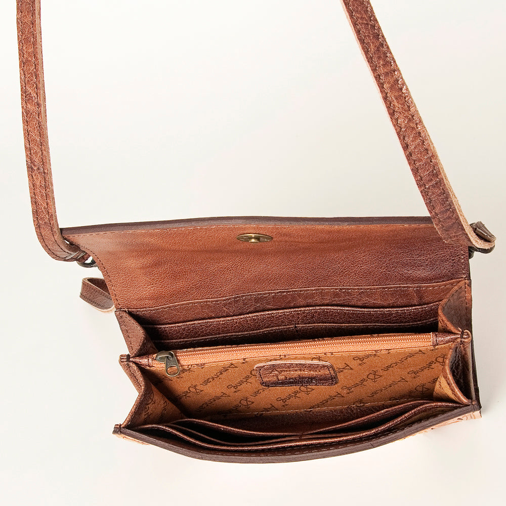 American Darling Wallet Bag Hand Tooled Genuine Vegetable Tanned Leather Hair-On Cowhide Crossbody Purse with YKK Zipper