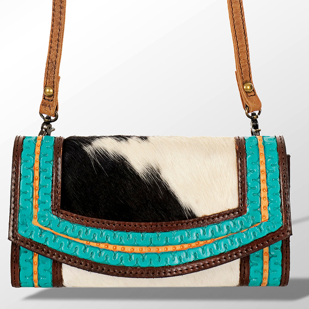 American Darling Wallet Bag Hand Tooled Genuine Vegetable Tanned Leather Hair-On Cowhide Crossbody Purse with YKK Zipper