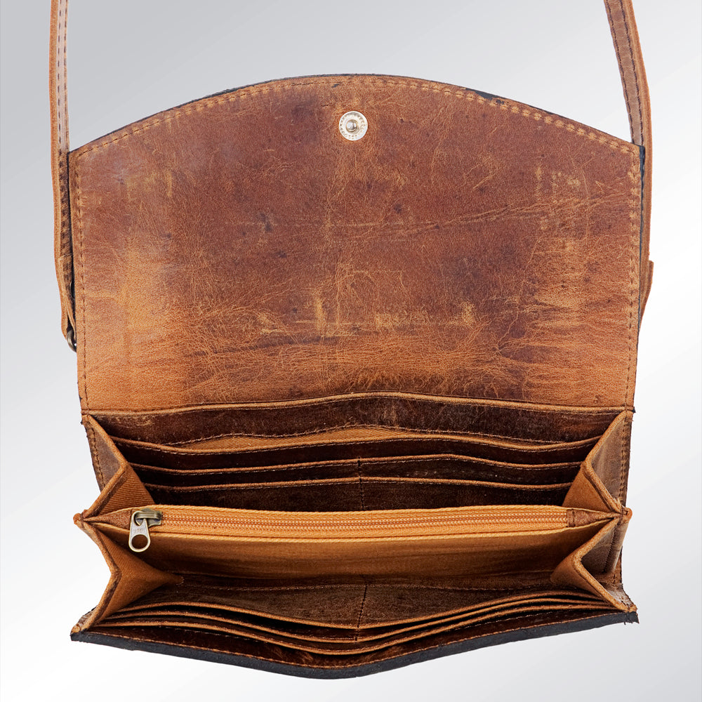 American Darling Wallet Bag Hand Tooled Genuine Vegetable Tanned Leather Hair-On Cowhide Crossbody Purse with YKK Zipper