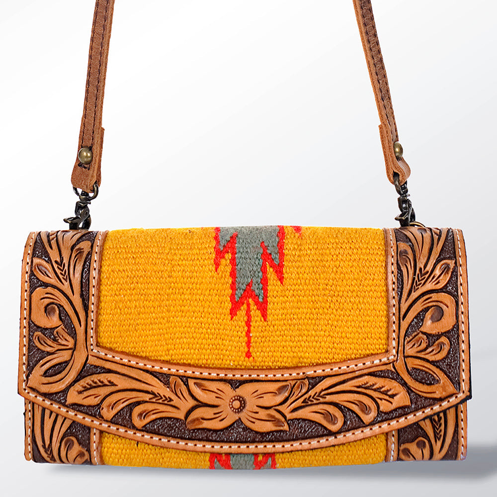 American Darling Wallet Bag Hand Tooled Genuine Vegetable Tanned Leather Hair-On Cowhide Crossbody Purse with YKK Zipper