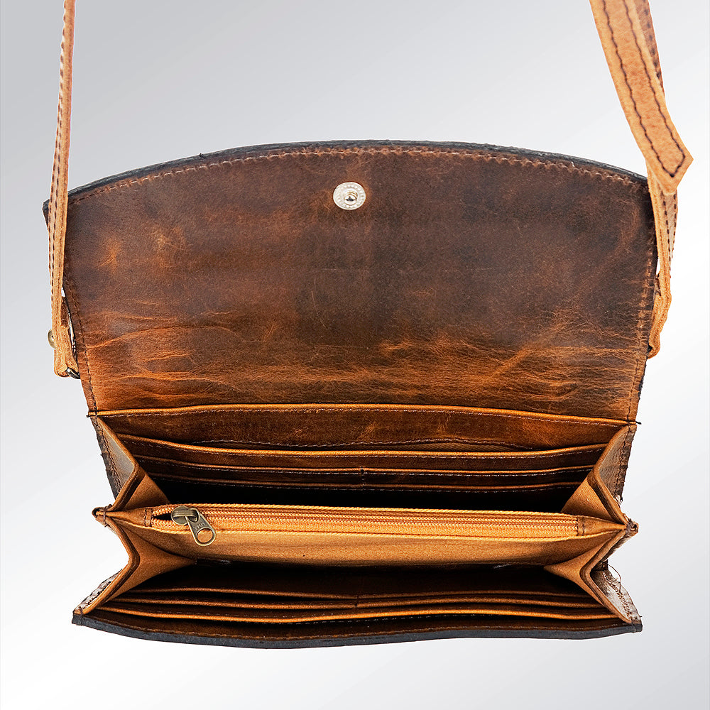 American Darling Wallet Bag Hand Tooled Genuine Vegetable Tanned Leather Hair-On Cowhide Crossbody Purse with YKK Zipper