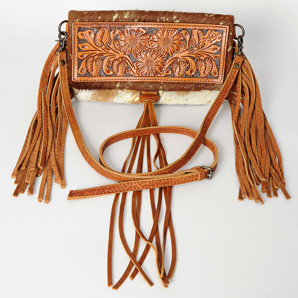 American Darling Wallet Bag Hand Tooled Floral Carved Hair-On Cowhide Genuine Leather Purse Fringes with YKK Zipper