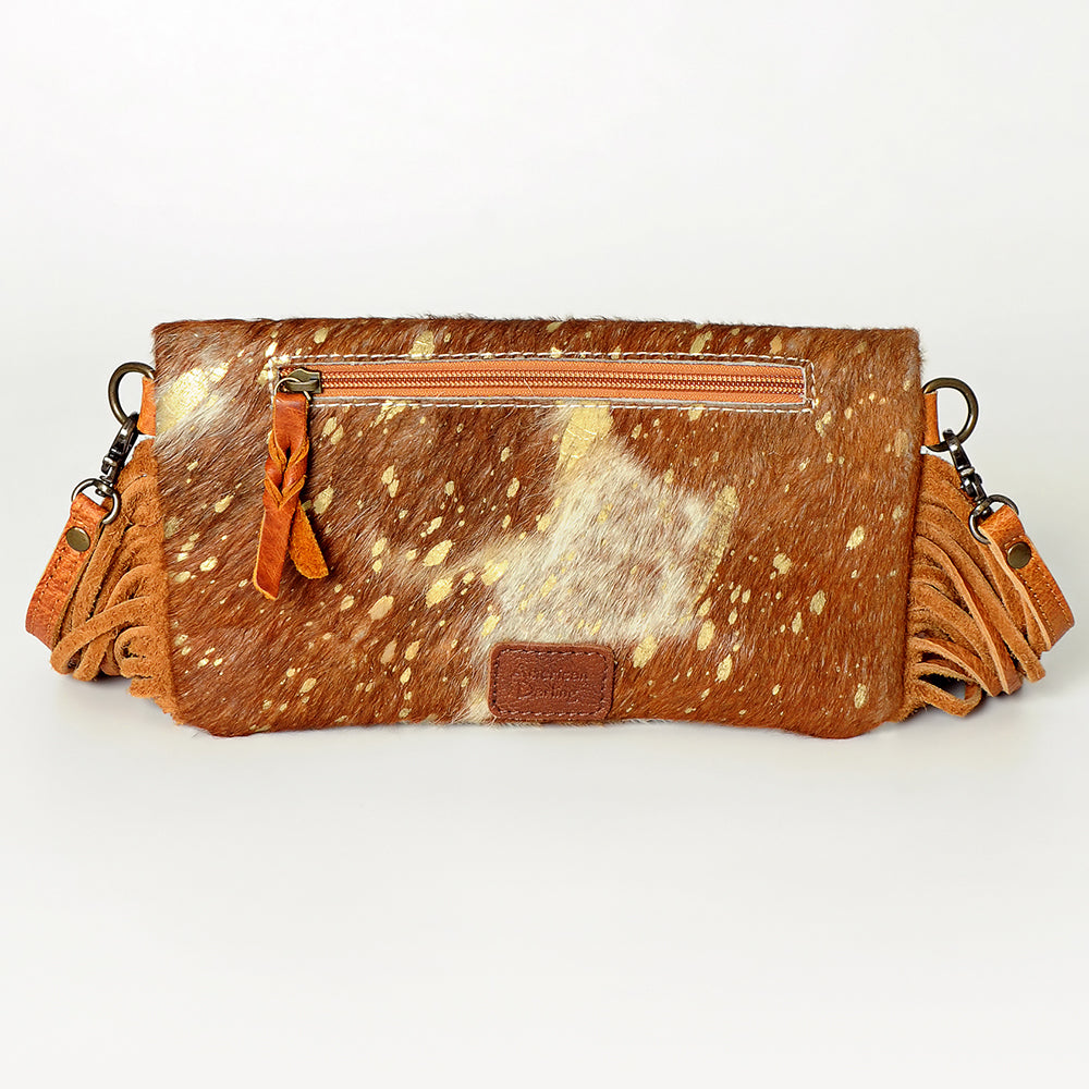 American Darling Wallet Bag Hand Tooled Floral Carved Hair-On Cowhide Genuine Leather Purse Fringes with YKK Zipper