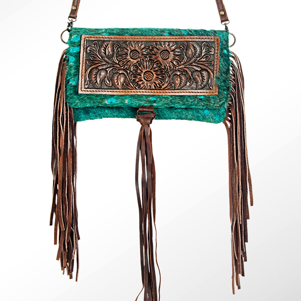 American Darling Wallet Bag Hand Tooled Floral Carved Hair-On Cowhide Genuine Leather Purse Fringes with YKK Zipper