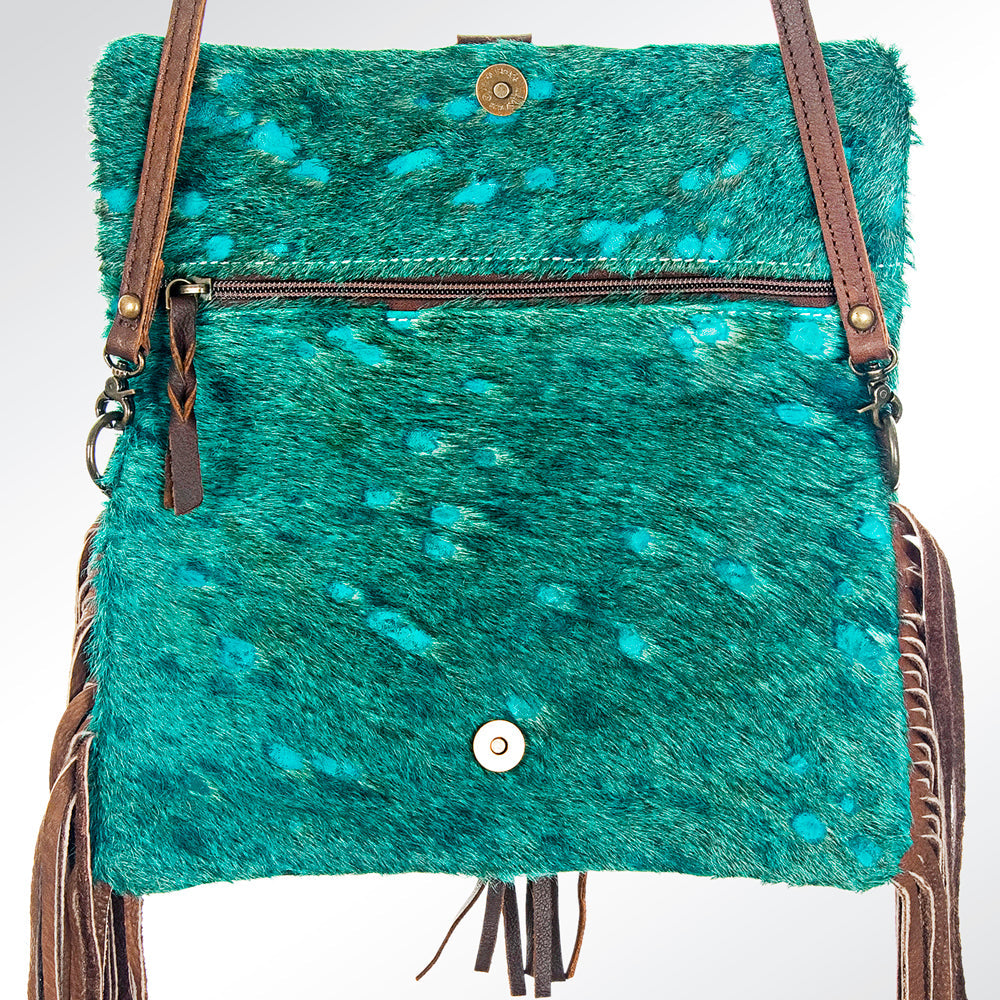 American Darling Wallet Bag Hand Tooled Floral Carved Hair-On Cowhide Genuine Leather Purse Fringes with YKK Zipper