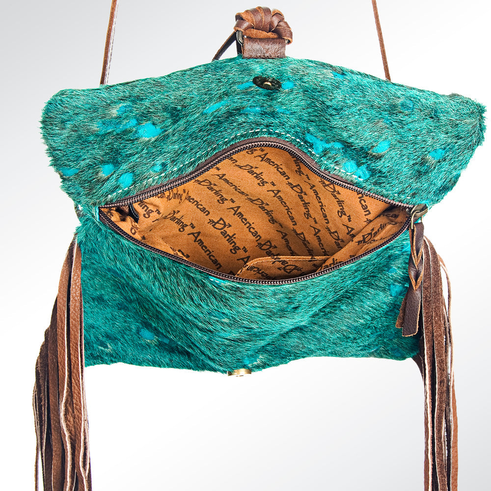 American Darling Wallet Bag Hand Tooled Floral Carved Hair-On Cowhide Genuine Leather Purse Fringes with YKK Zipper