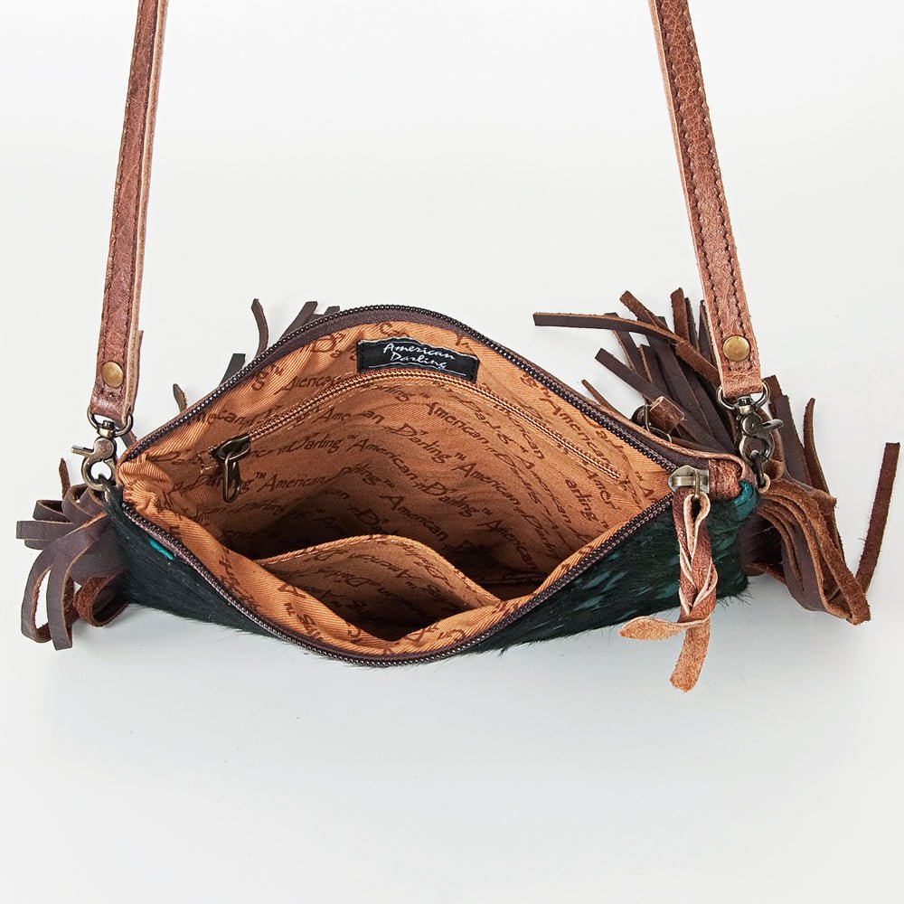 American Darling Western Small Crossbody Bag – Genuine Hair-On Cowhide Leather with Fringes, Adjustable Strap, Handcrafted in Texas