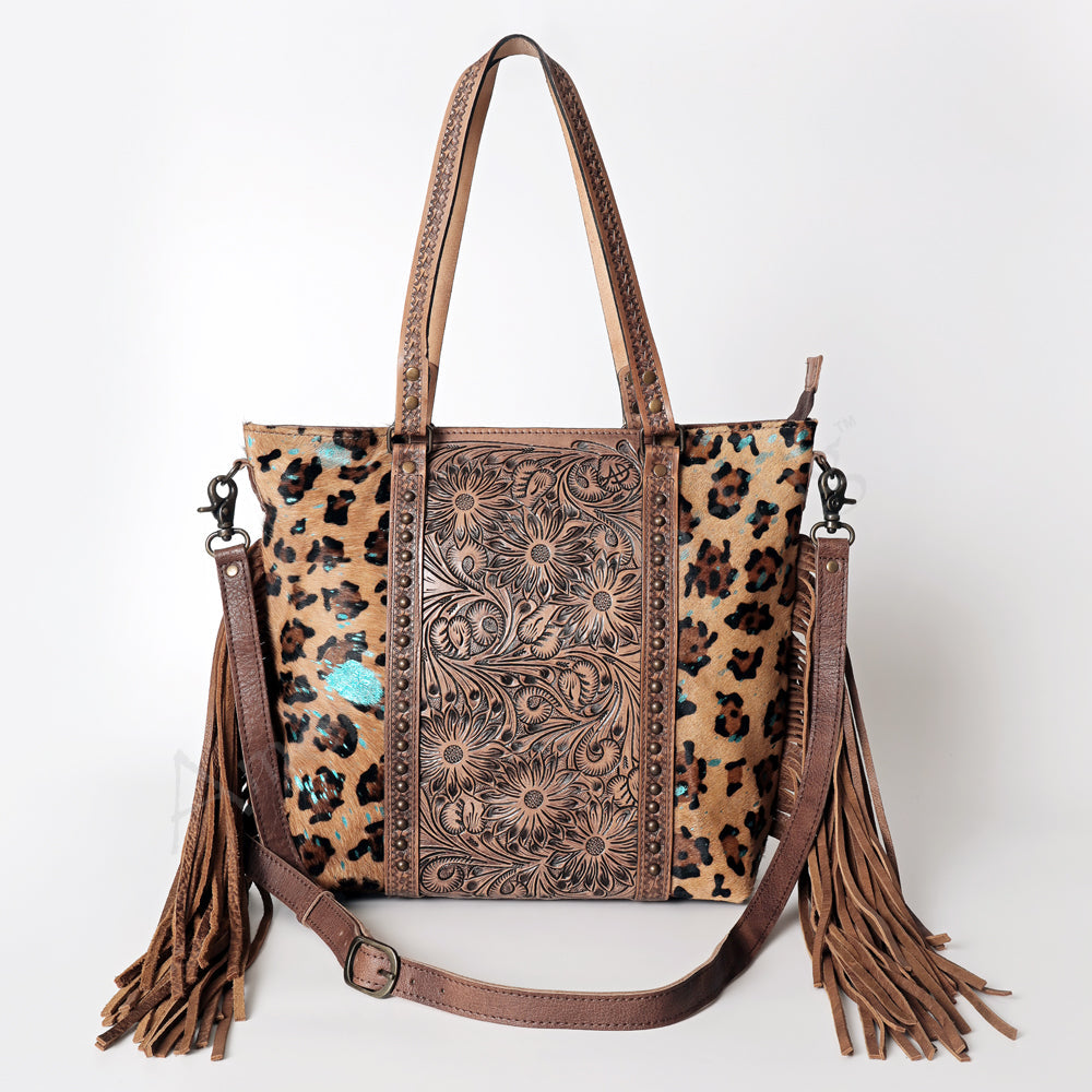 American Darling Tote Bag, Hand Tooled Floral Carved Leather, Hair-On Cowhide, Vegetable Tanned Genuine Leather, Rivetted