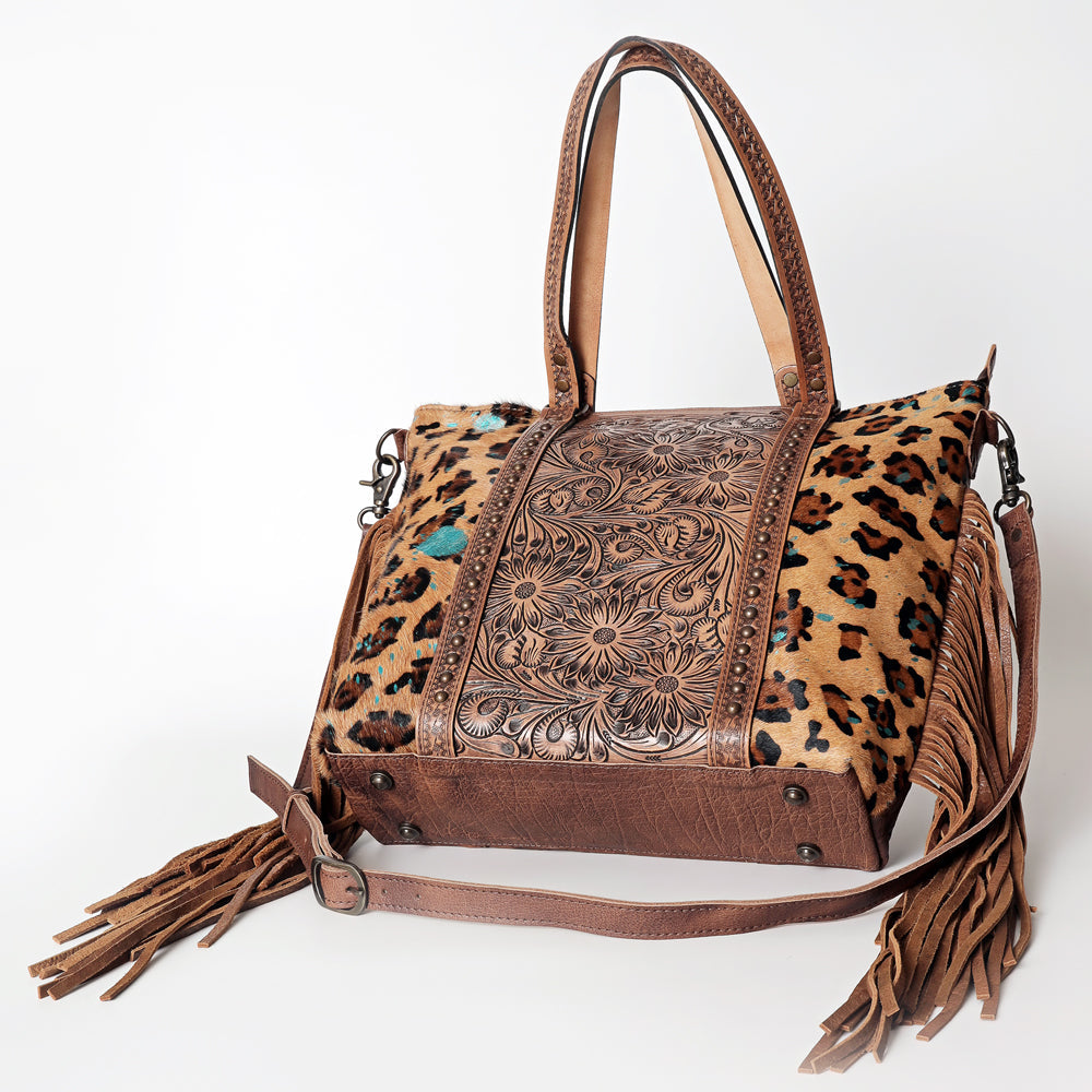 American Darling Tote Bag, Hand Tooled Floral Carved Leather, Hair-On Cowhide, Vegetable Tanned Genuine Leather, Rivetted