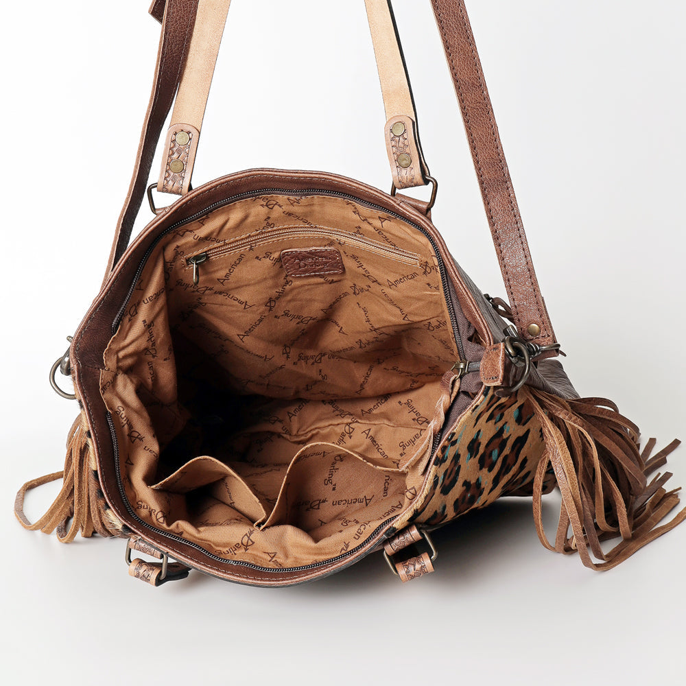 American Darling Tote Bag, Hand Tooled Floral Carved Leather, Hair-On Cowhide, Vegetable Tanned Genuine Leather, Rivetted