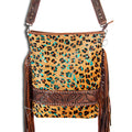 American Darling Large Cross body Bag Hand Tooled Floral Carved Leather Hair-On Cowhide with Fringes