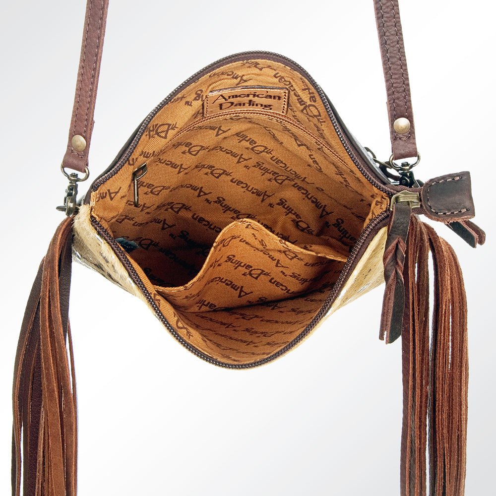 American Darling Western Small Crossbody Bag – Genuine Hair-On Cowhide Leather with Fringes, Adjustable Strap, Handcrafted in Texas