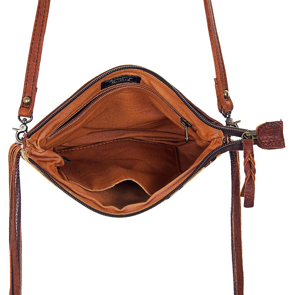 American Darling Western Small Crossbody Bag – Genuine Hair-On Cowhide Leather with Fringes, Adjustable Strap, Handcrafted in Texas