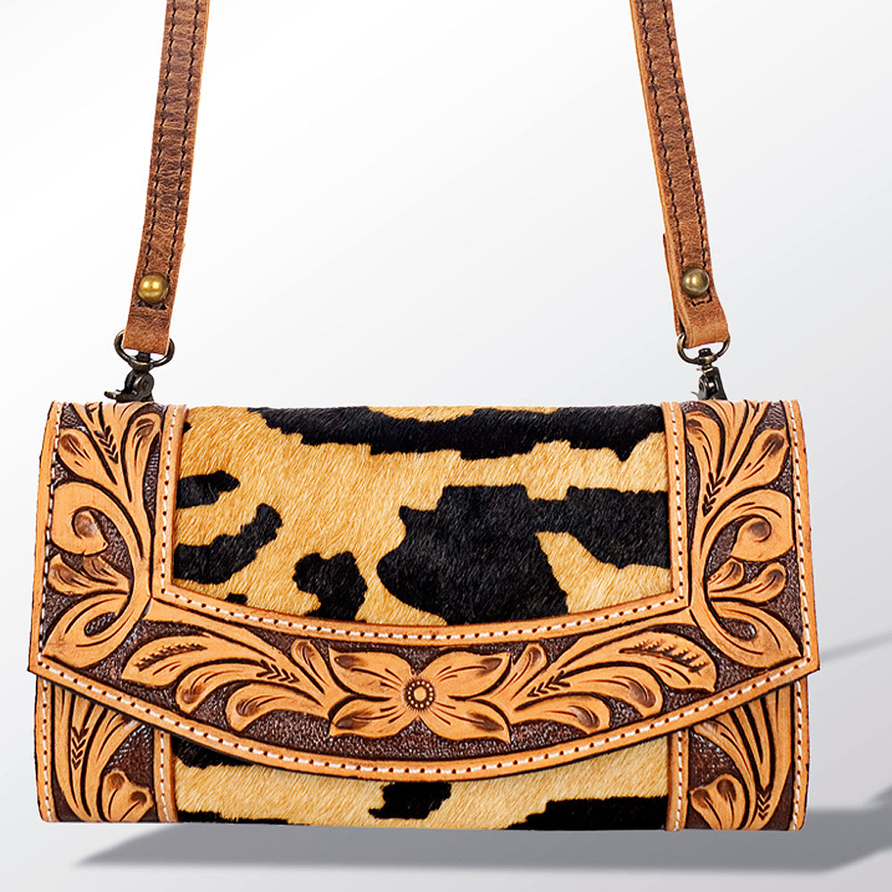 American Darling Wallet Bag Hand Tooled Genuine Vegetable Tanned Leather Hair-On Cowhide Crossbody Purse with YKK Zipper