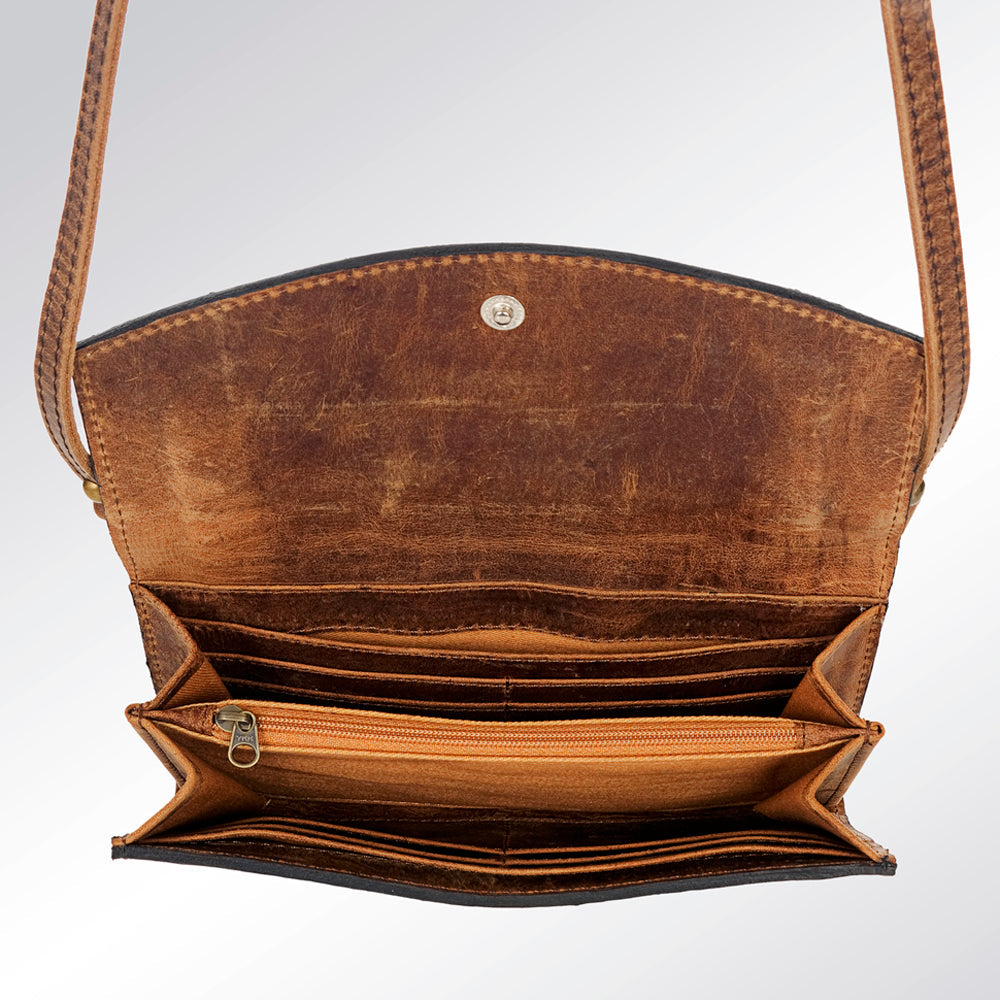 American Darling Wallet Bag Hand Tooled Genuine Vegetable Tanned Leather Hair-On Cowhide Crossbody Purse with YKK Zipper
