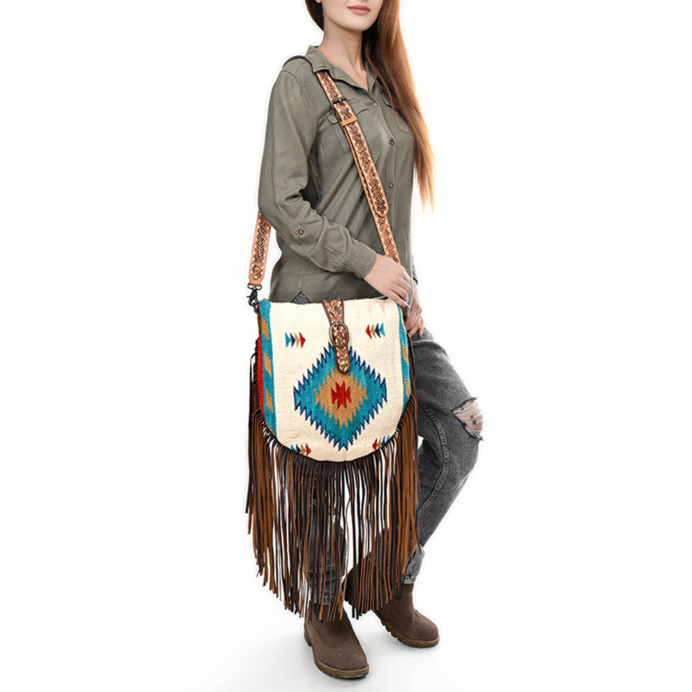American Darling Large Cross body Bag Hand Crafted Woven Saddle Blanket Leather Purse Fringes Buck stitched YKK Zipper