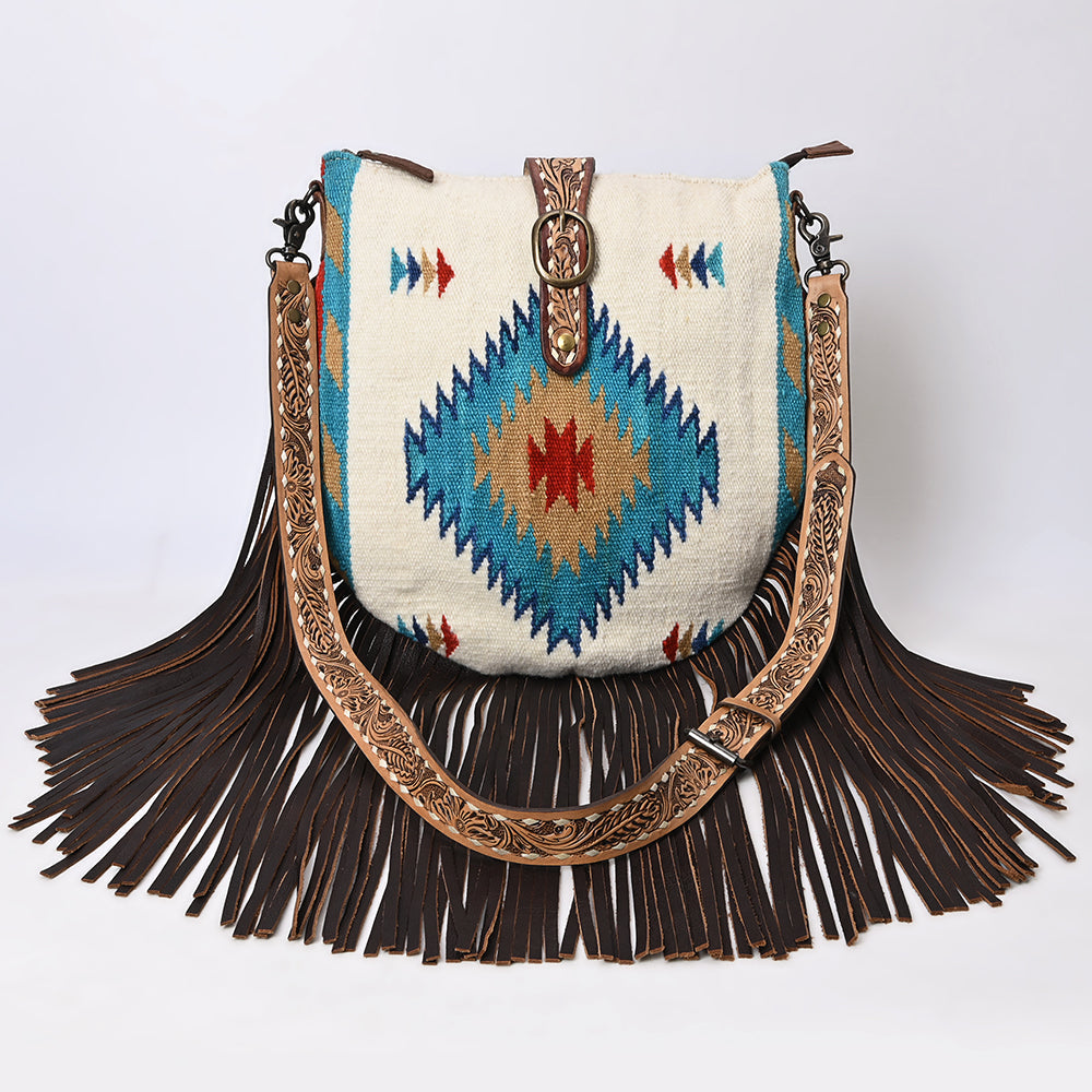 American Darling Large Cross body Bag Hand Crafted Woven Saddle Blanket Leather Purse Fringes Buck stitched YKK Zipper