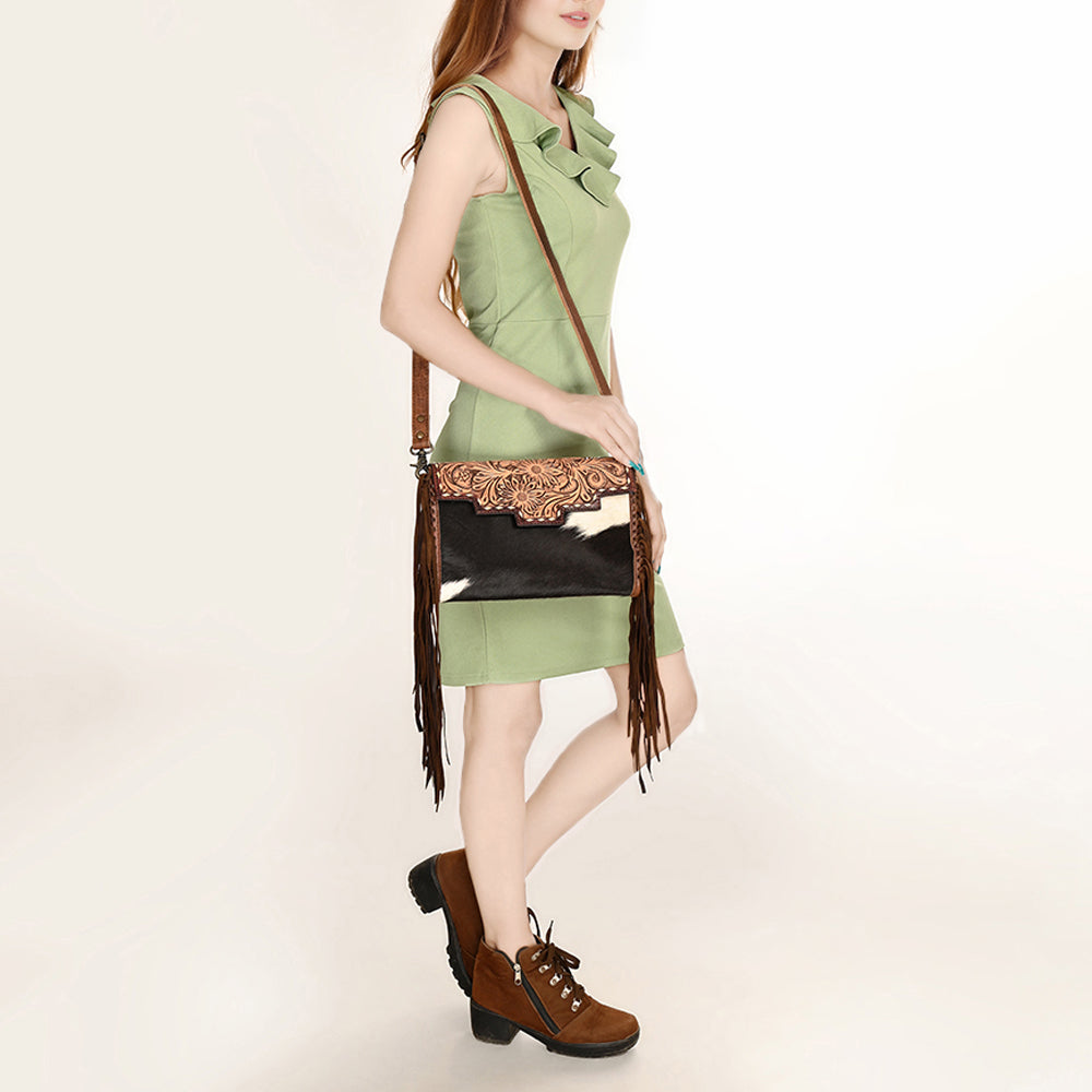 American Darling Small Cross body Bag Hand Tooled Floral Carved Hair-On Cowhide Leather Purse Fringes Buck stitched YKK Zipper