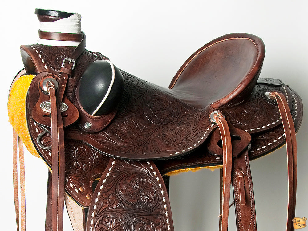 HILASON Western Horse Wade Saddle American Leather Trail Barrel Dark Brown | Hand Tooled & Roping For Horses